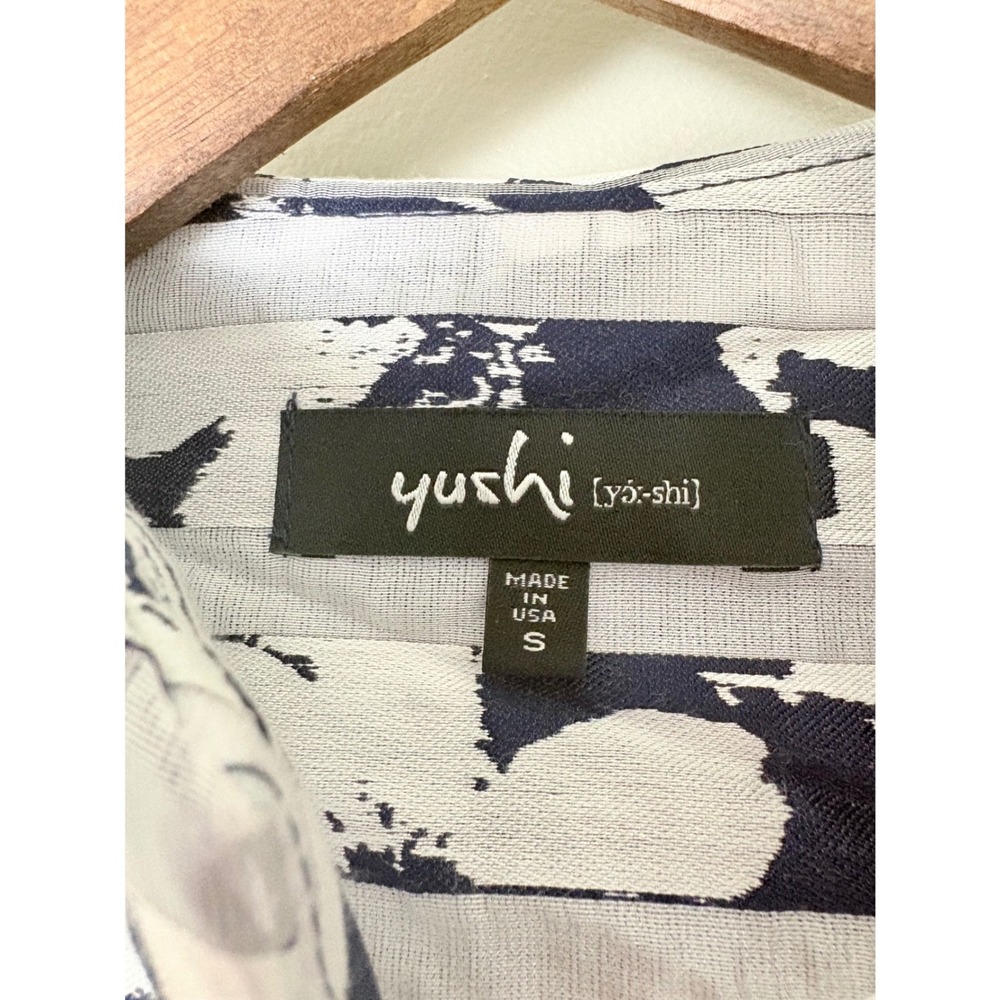 Yushi Wrap Blouse Womens Small Navy Blue White Semi Sheer Stripe Art To Wear - Picture 7 of 12